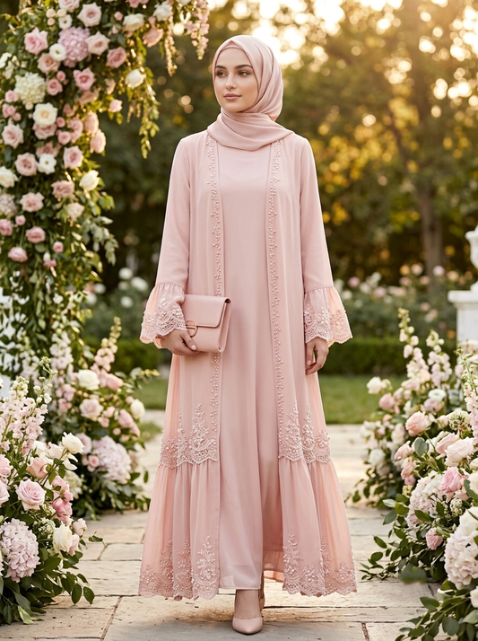 Pink two-piece wedding guest outfit in garden venue