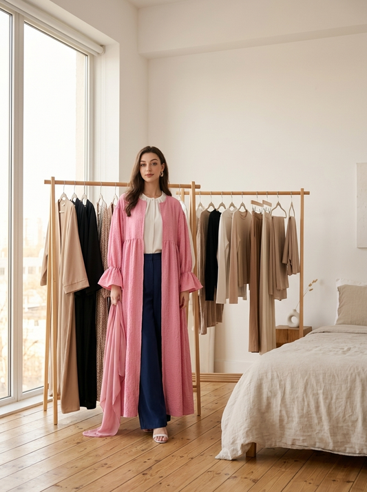 Minimal capsule wardrobe with neutral abayas on rack