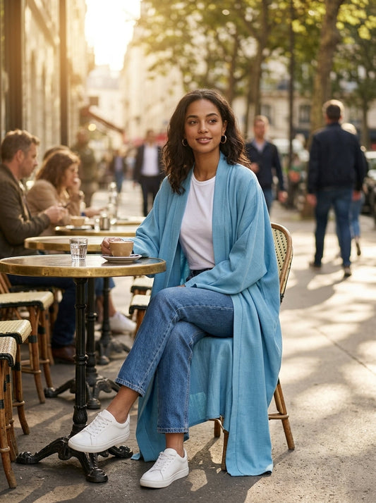 Open abaya styled casually with white sneakers at a street cafe