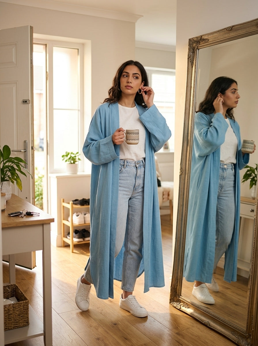 Woman in open abaya preparing to leave home - quick morning outfit