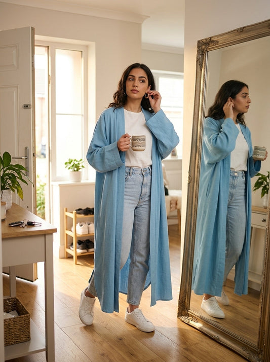 Woman in open abaya preparing to leave home - quick morning outfit