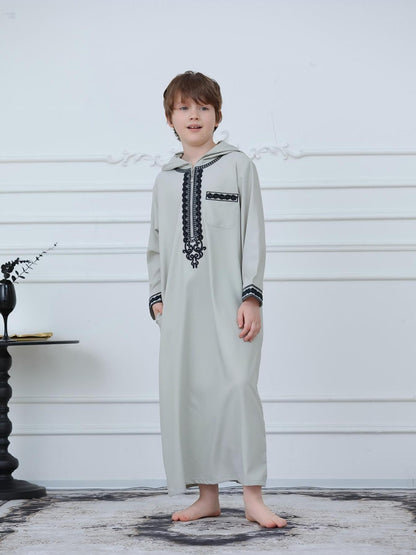 KID0012 Boys' Moroccan Robe Hooded Embroidered Loose Fit Abaya, Muslim Boys' Clothing, Comfortable Long Sleeve Dressing Gown