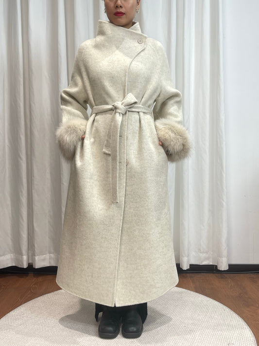 CT017 Wool Coat - 100% Wool, High Collar, Belted, Button Front, Long Length | Hojumbo