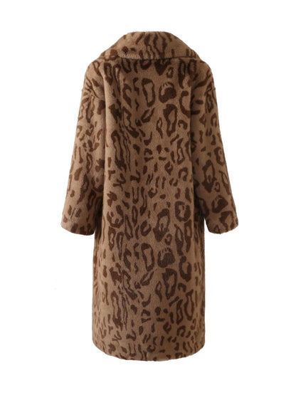 JT8812 Faux Fur Coat - Leopard Print, Suede, Blazer Collar, Long Length | Hojumbo