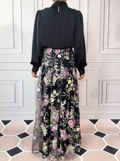 MSL903 Luxurious Women's Two-piece Set, Long-sleeved Top and Floral Bead and Sequin Skirt