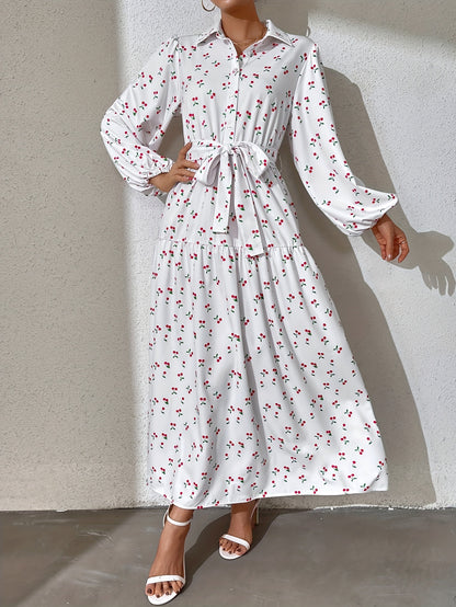 Ramadan Abaya Floral Print Button Front Dress, Casual Lantern Sleeve Dress For Spring & Fall, Women's Clothing Kebaya Kaftan MSL152