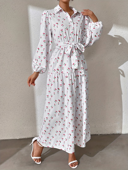 Ramadan Abaya Floral Print Button Front Dress, Casual Lantern Sleeve Dress For Spring & Fall, Women's Clothing Kebaya Kaftan MSL152