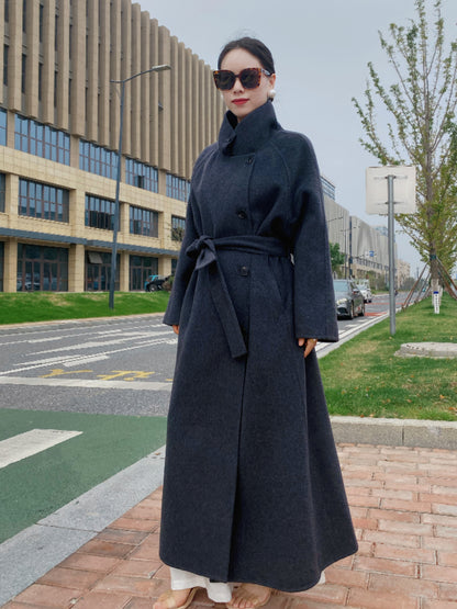 MN003 Women's 70% Wool Coat, Floor Length, Winter Standing Collared Wool Coat with Belt