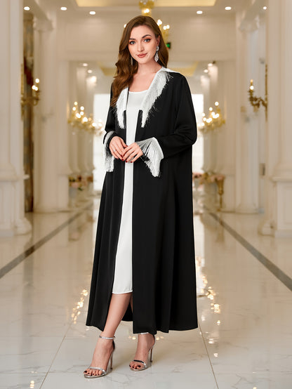 Ramadan Contrast Trim Fringe Hem Abayas, Elegant Long Sleeve Open Front Cover Up Outwear, Abaya Dubai Luxury Women's Clothing MSL104