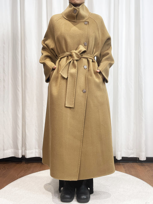 MN003C Women's 90% Wool 10% Cashmere Coat, Winter Standing Collared Wool Coat with Belt