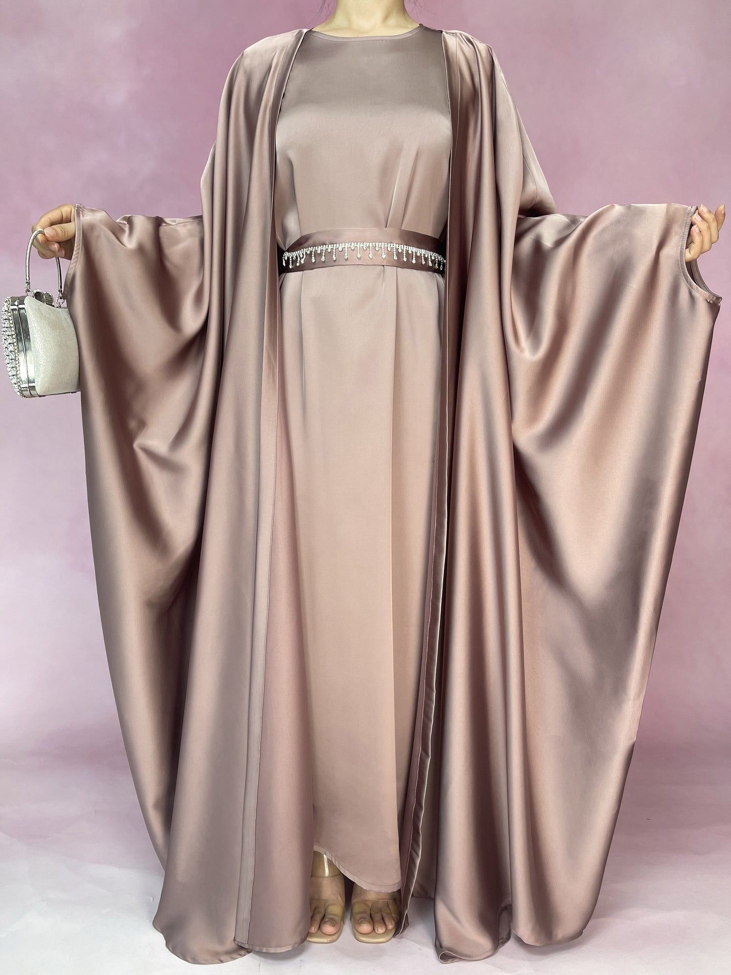 MSL019 5-Piece Set Butterfly Abaya With Niqab, Loose Full Cover Satin Abaya