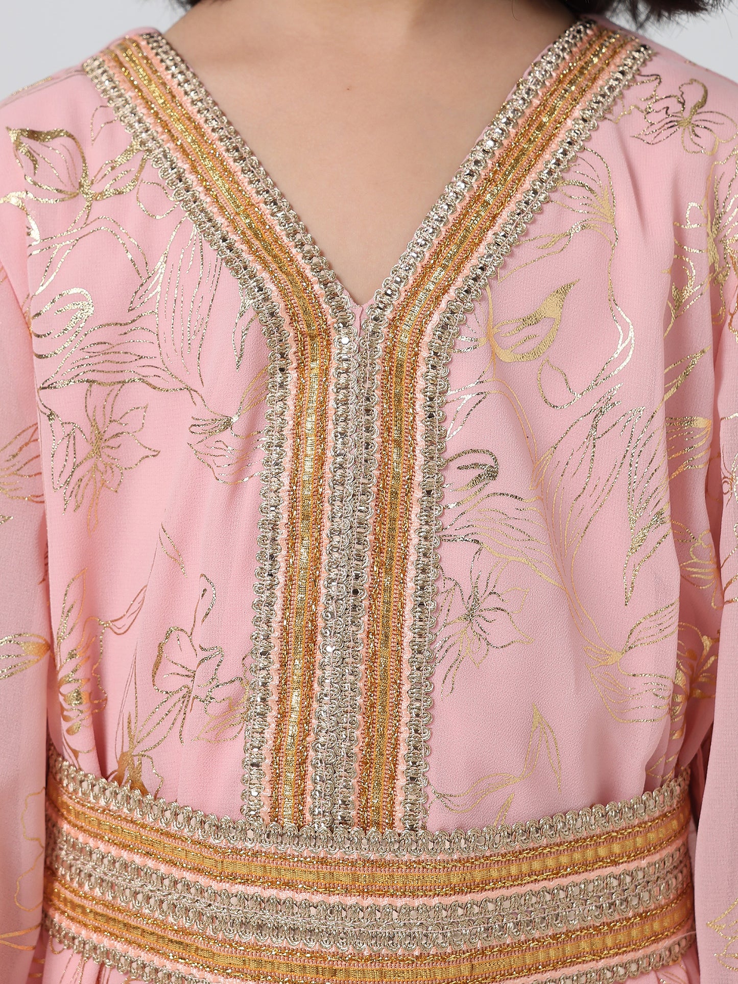 MSL411 Girls Abaya - V-Neck, Gold Foil Print | Hojumbo