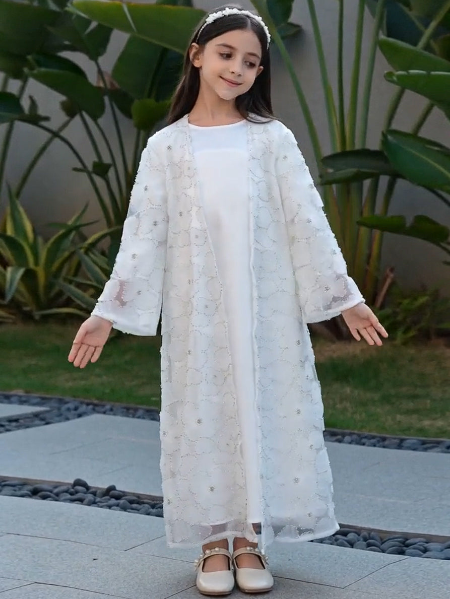 MK2653 Muslim Girl Set 2-Piece Satin Dress and Flower Beaded Cardigan Abaya