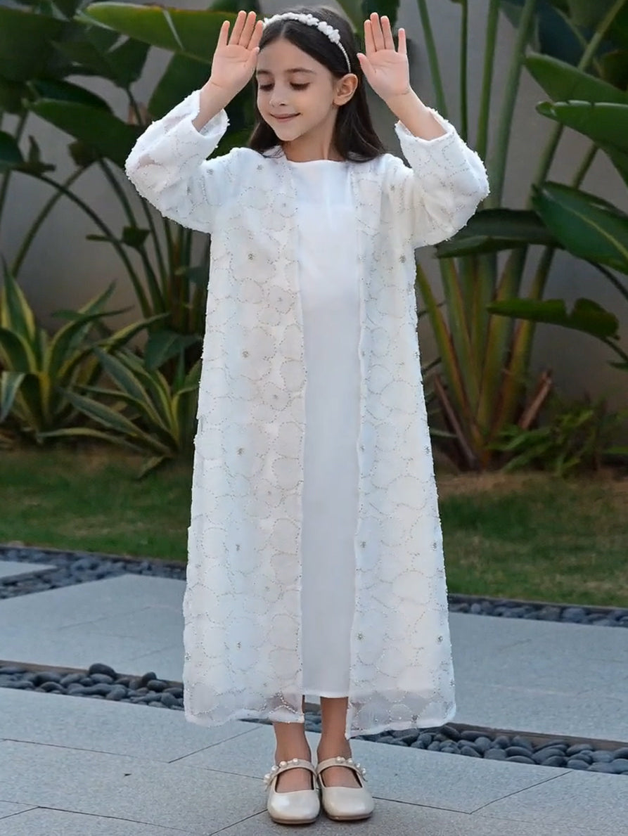 MK2653 Muslim Girl Set 2-Piece Satin Dress and Flower Beaded Cardigan Abaya