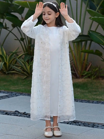 MK2653 Muslim Girl Set 2-Piece Satin Dress and Flower Beaded Cardigan Abaya