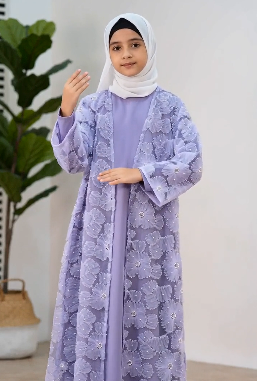 MK2653 Muslim Girl Set 2-Piece Satin Dress and Flower Beaded Cardigan Abaya