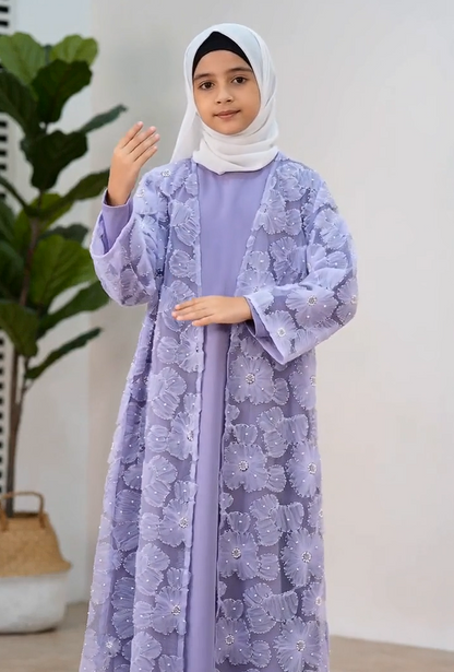MK2653 Muslim Girl Set 2-Piece Satin Dress and Flower Beaded Cardigan Abaya