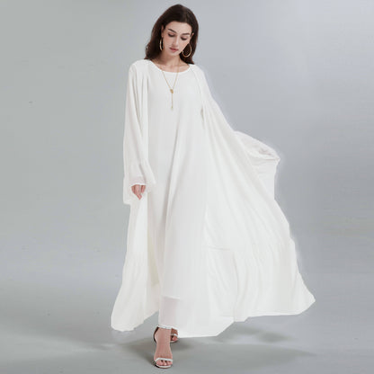 Muslim robe islamic clothing women' Maxi dress slong sleeve muslim dresses Chiffon flared sleeves flower hem cardigan abaya with turban (Belt included) MSL0666