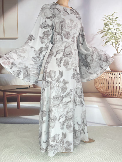 MSL8266 Ramadan kebaya Muslim women's chiffon print flared sleeve dress headscarf two-piece set