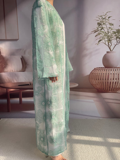 MSL881 Women 2 Pieces Set Open Abaya Mesh Flower Bead Embroidered Coat and Dress(Open Abaya+Inner Dress)