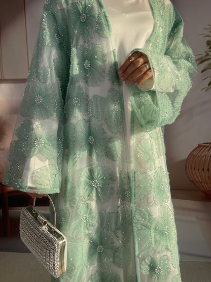 MSL881 Women 2 Pieces Set Open Abaya Mesh Flower Bead Embroidered Coat and Dress(Open Abaya+Inner Dress)