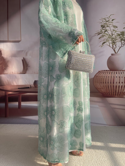 MSL881 Women 2 Pieces Set Open Abaya Mesh Flower Bead Embroidered Coat and Dress(Open Abaya+Inner Dress)