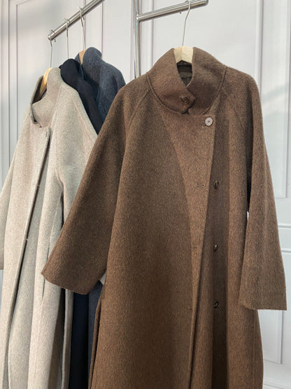 MN003 Women's 70% Wool Coat, Floor Length, Winter Standing Collared Wool Coat with Belt