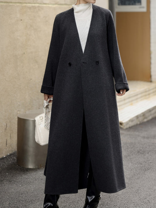 CT013 Women's 90% Wool 10% Cashmere Coat Without a Collar With a Belt Double-sided Woolen Coat