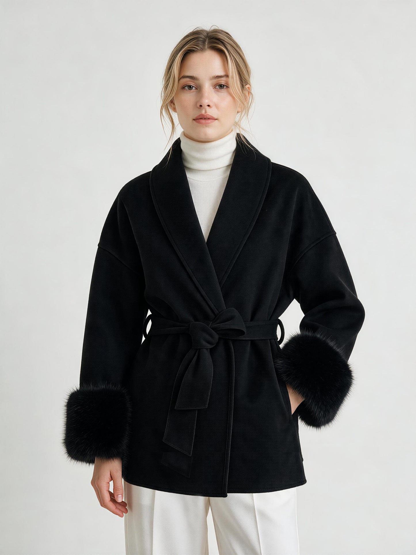 MN020 Coat - Fur Trim, Belted, Lapel Collar, Short Length | Hojumbo