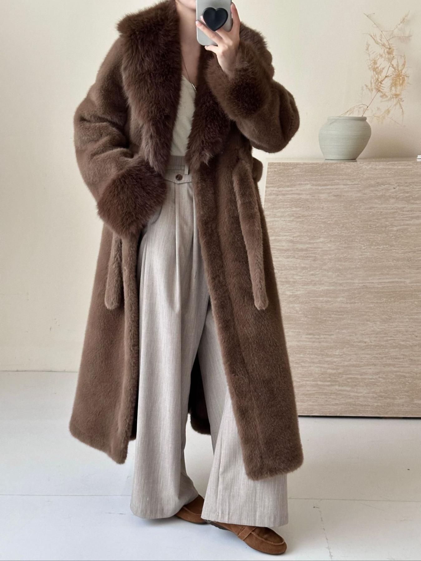 JT8811 Faux Fur Coat - Lapel Collar, Belted, Pocketed, Long Length | Hojumbo