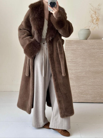 JT8811 Faux Fur Coat - Lapel Collar, Belted, Pocketed, Long Length | Hojumbo