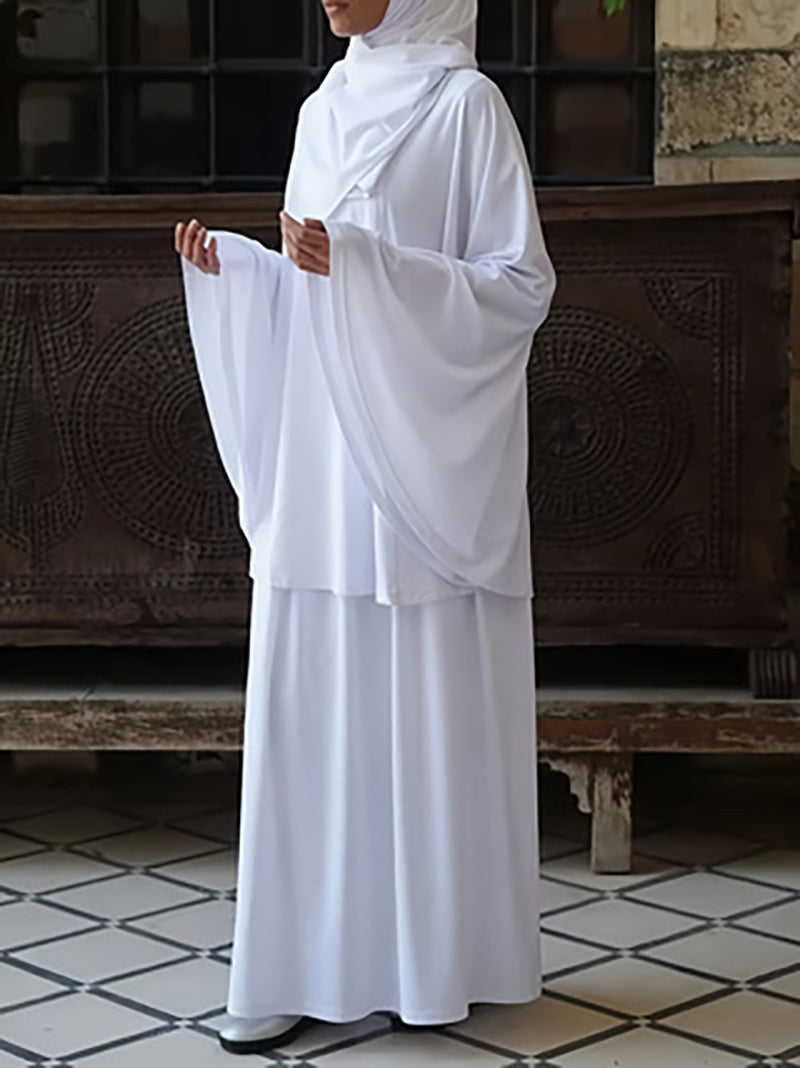 MSL191 Ramadan Abaya Solid Color Muslim Skirt Set, Crew Neck, Batwing Sleeve Loose Top, Elastic Waist Maxi Skirt, Women's Clothing
