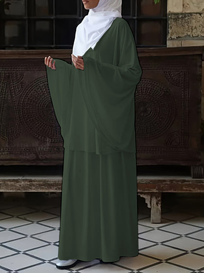 MSL191 Ramadan Abaya Solid Color Muslim Skirt Set, Crew Neck, Batwing Sleeve Loose Top, Elastic Waist Maxi Skirt, Women's Clothing