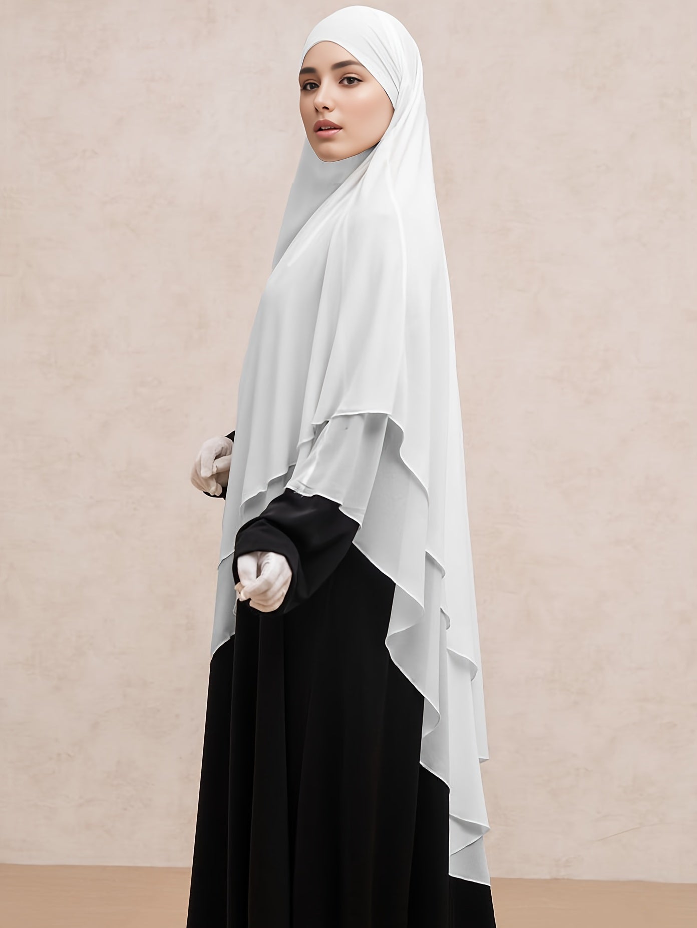 telekung Double Layer Chiffon Khimar, baju raya Solid Color Hijab, Women's Clothing MSL67