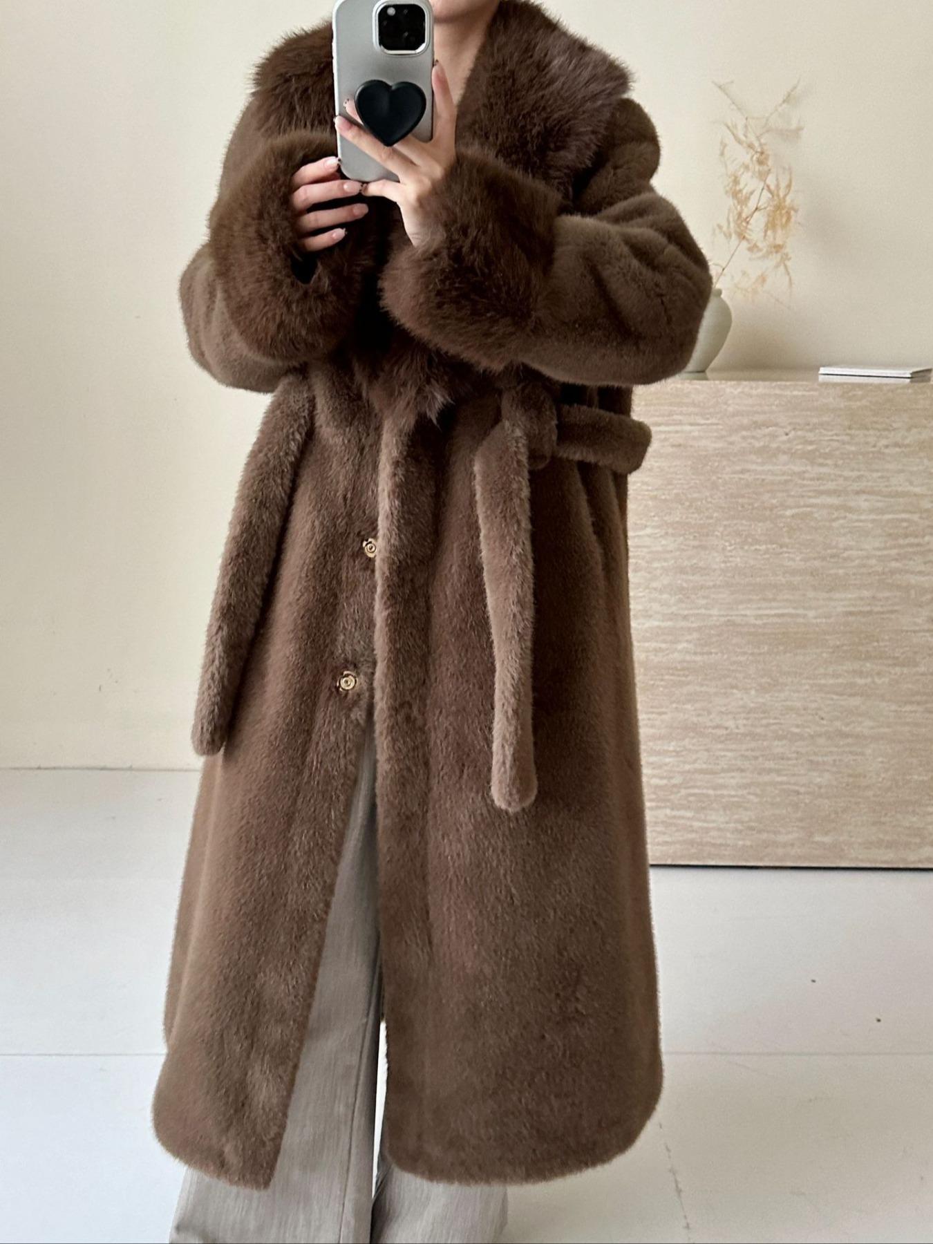 JT8811 Faux Fur Coat - Lapel Collar, Belted, Pocketed, Long Length | Hojumbo