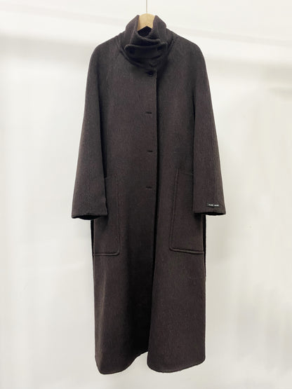 CT016 Women's 90% Wool 10% Lyocell Coat with High Collar, Large Pockets, Belt, Double-sided Wool Outerwear