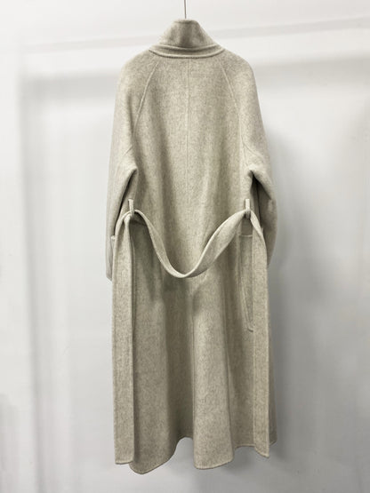 CT016 Women's 90% Wool 10% Lyocell Coat with High Collar, Large Pockets, Belt, Double-sided Wool Outerwear