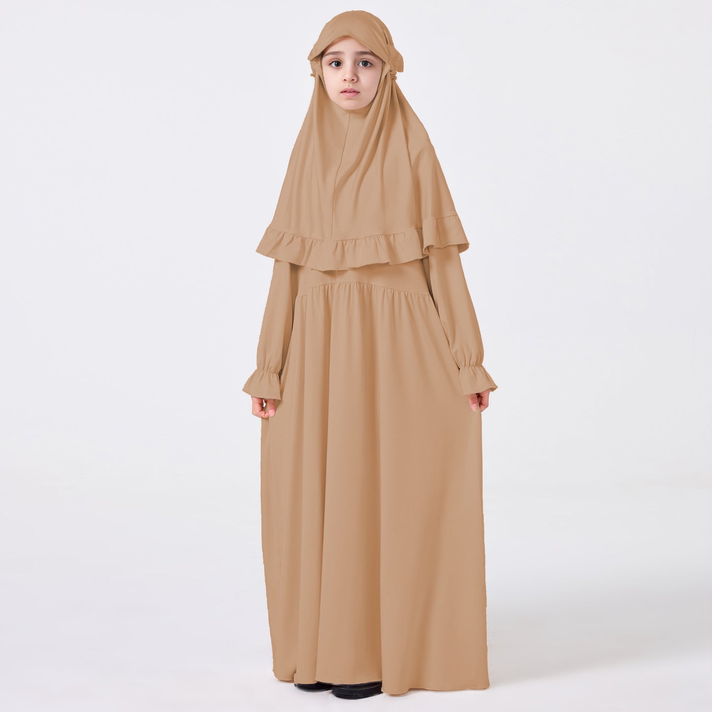 MSL0509 Modest Girls' Abaya Set - Flared Sleeve, Lace Hijab, 2-Piece | Hojumbo