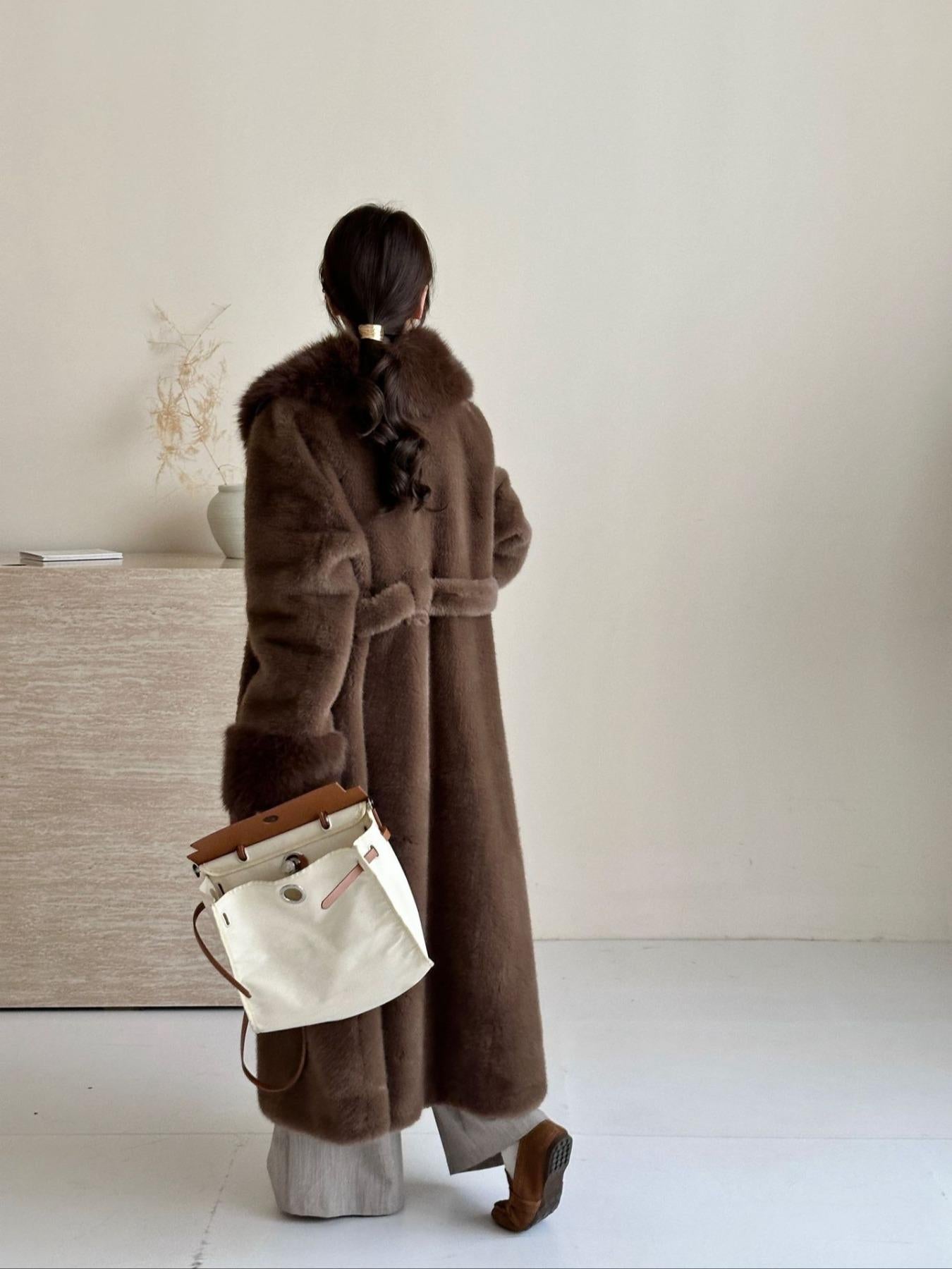 JT8811 Faux Fur Coat - Lapel Collar, Belted, Pocketed, Long Length | Hojumbo