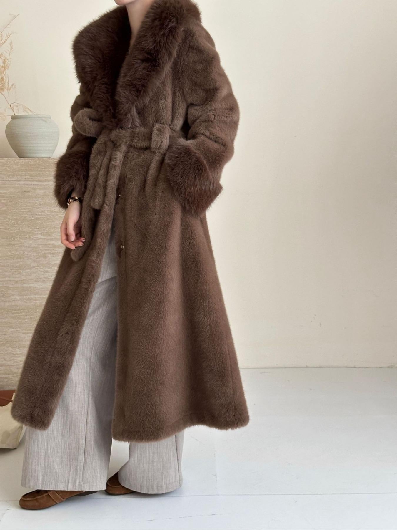 JT8811 Faux Fur Coat - Lapel Collar, Belted, Pocketed, Long Length | Hojumbo