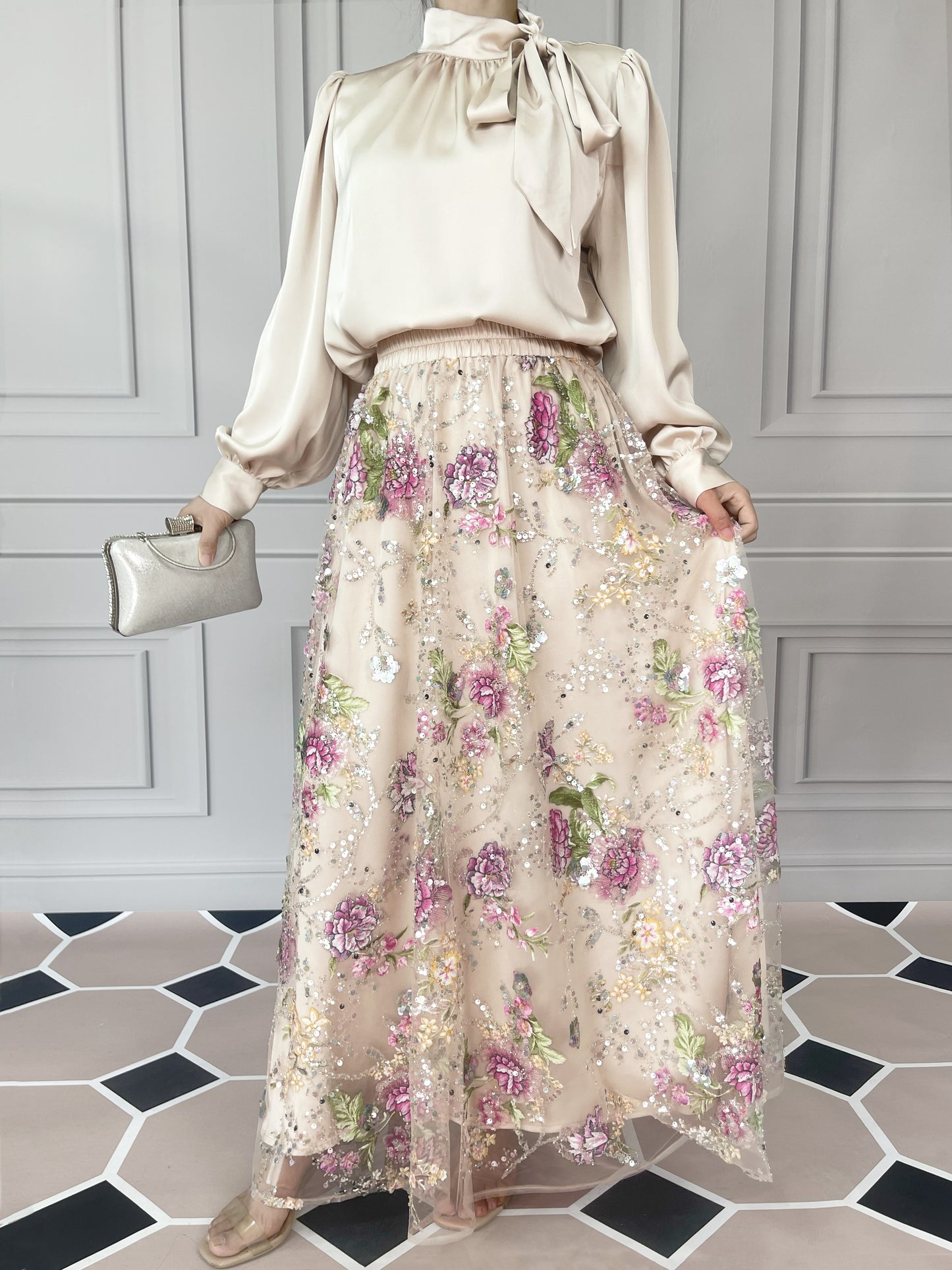 MSL903 Luxurious Women's Two-piece Set, Long-sleeved Top and Floral Bead and Sequin Skirt