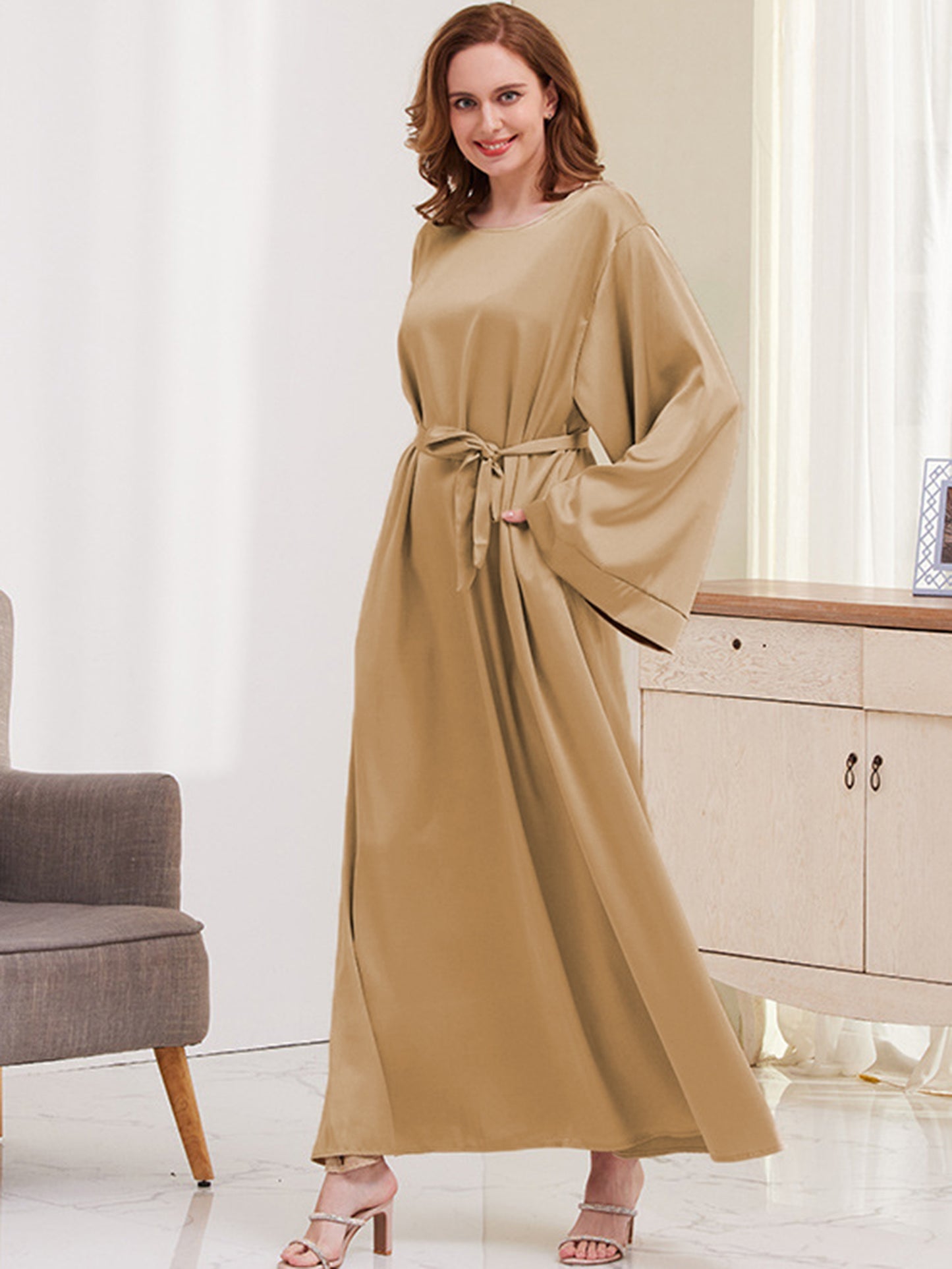 Ramadan Solides Maxi-Kaftan-Kleid, schlichtes langärmliges Kaftan-Abaya mit Rundhalsausschnitt, Damenbekleidung MSL42