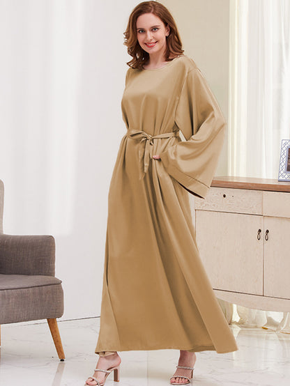 Ramadan Solides Maxi-Kaftan-Kleid, schlichtes langärmliges Kaftan-Abaya mit Rundhalsausschnitt, Damenbekleidung MSL42