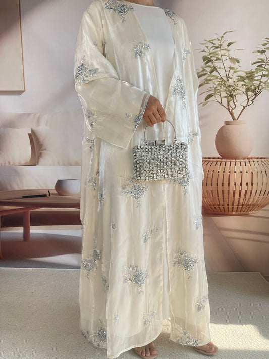 MSL888 Silver Rose Organza Beaded Embroidered Abaya Set