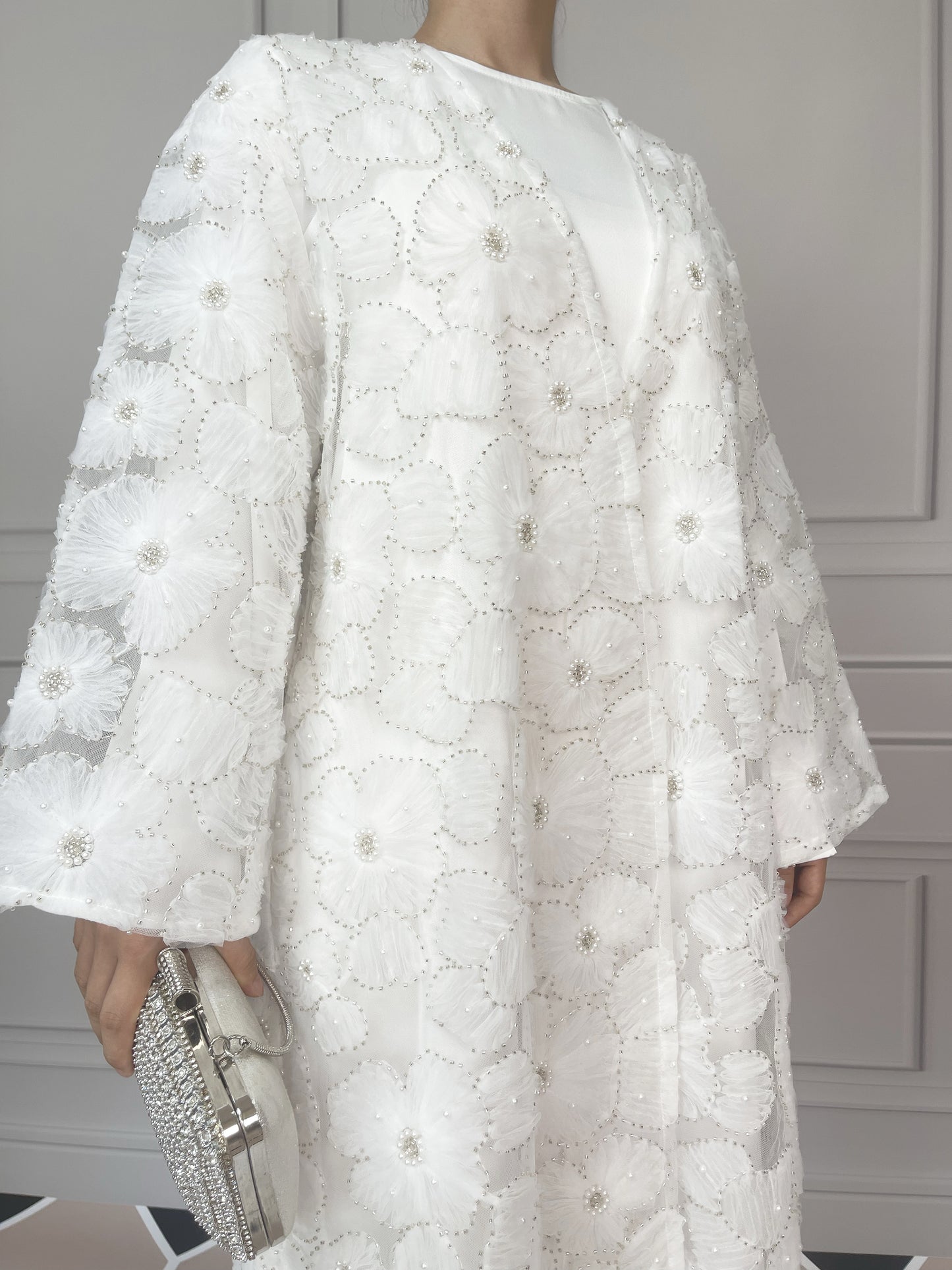 MSL881 Women 2 Pieces Set Open Abaya Mesh Flower Bead Embroidered Coat and Dress(Open Abaya+Inner Dress)