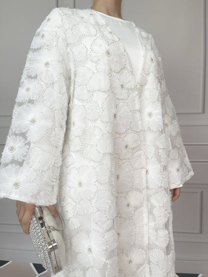 MSL881 Women 2 Pieces Set Open Abaya Mesh Flower Bead Embroidered Coat and Dress(Open Abaya+Inner Dress)
