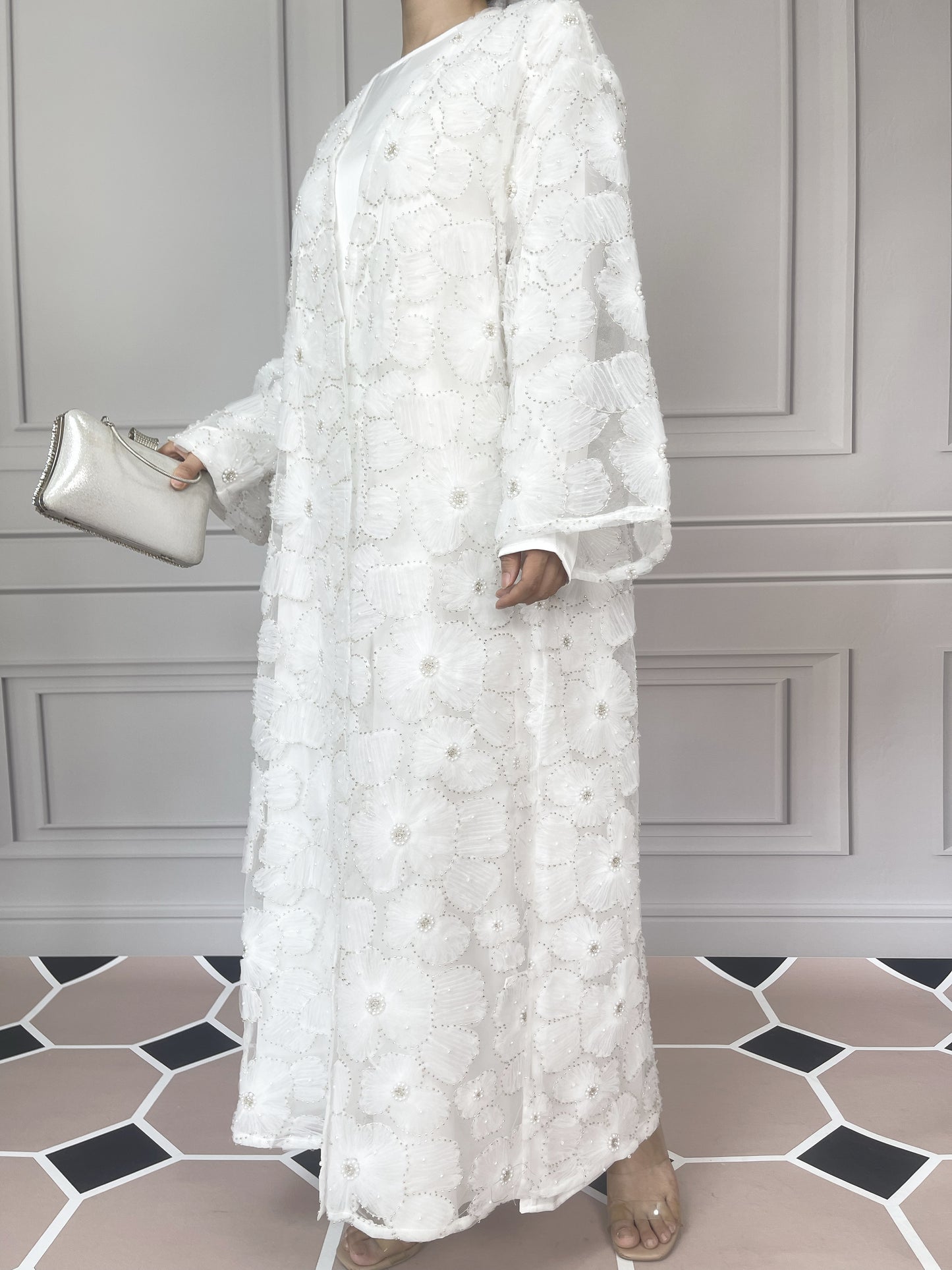 MSL881 Women 2 Pieces Set Open Abaya Mesh Flower Bead Embroidered Coat and Dress(Open Abaya+Inner Dress)