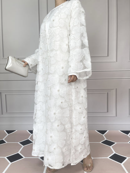 MSL881 Women 2 Pieces Set Open Abaya Mesh Flower Bead Embroidered Coat and Dress(Open Abaya+Inner Dress)