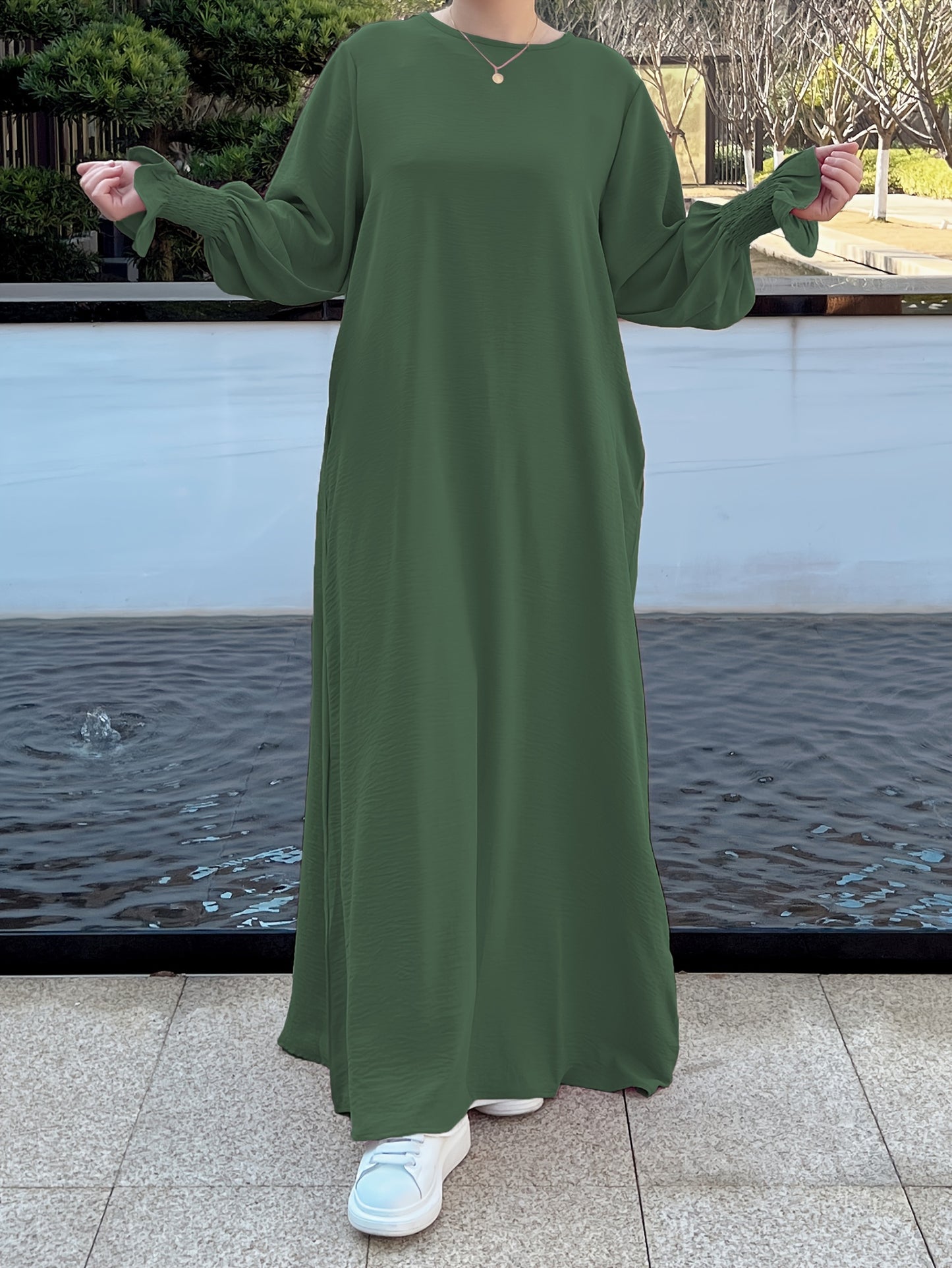 Ramadan Abaya mit Rundhalsausschnitt und gerafften Manschetten, elegantes, schlichtes Maxikleid mit langen Ärmeln, Damenbekleidung, Kebaya Kaftan MSL130