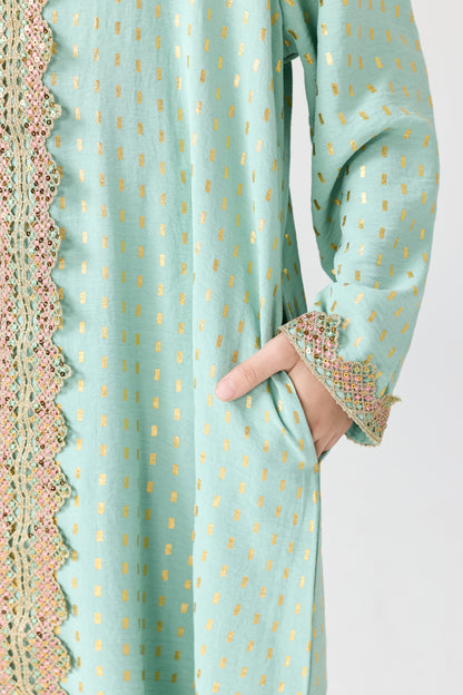 MSL350 Girls Abaya - V-Neck, Gold Foil Print, Solid Color | Hojumbo